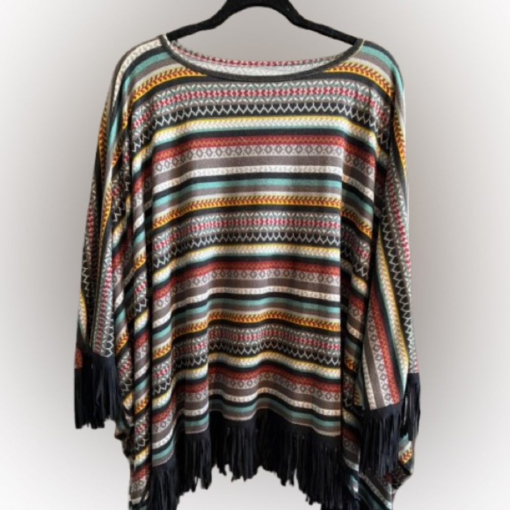 Double D Ranch Multicolor Striped Fringe Poncho